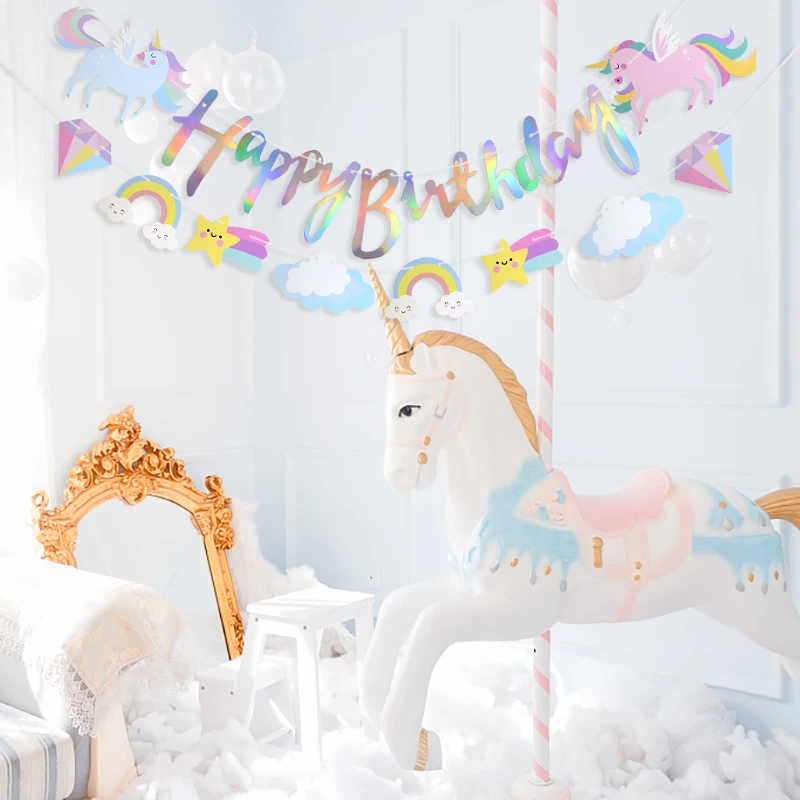 3M Girls Unicorn Birthday Banner Bunting Cute Cloud Star Happy Birthday Banner Paper Garland For Baby Shower Party Hanging Decor