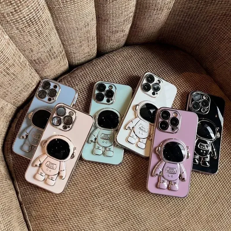 Plating Astronaut Ring Stand Holder Silicone Shockproof Back Case Cover