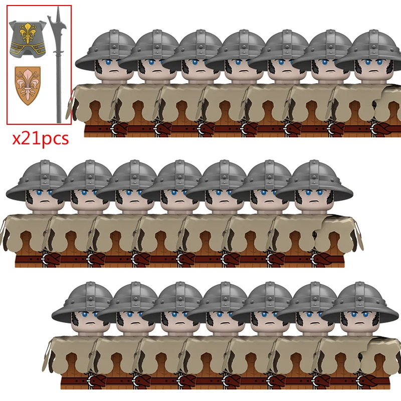 중세 군사 성 기사 민병대 피규어 빌딩 블록 유럽 전장 보병 군인 무기 방패 벽돌 장난감