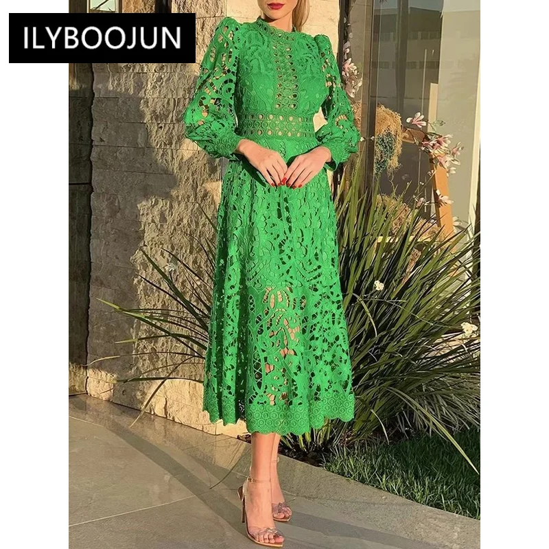 

Vintage Solid Loose Dress For Women Stand Collar Long Sleeve High Waist Cut Out Lace Panel Dresses Female Dresses For Women 2023