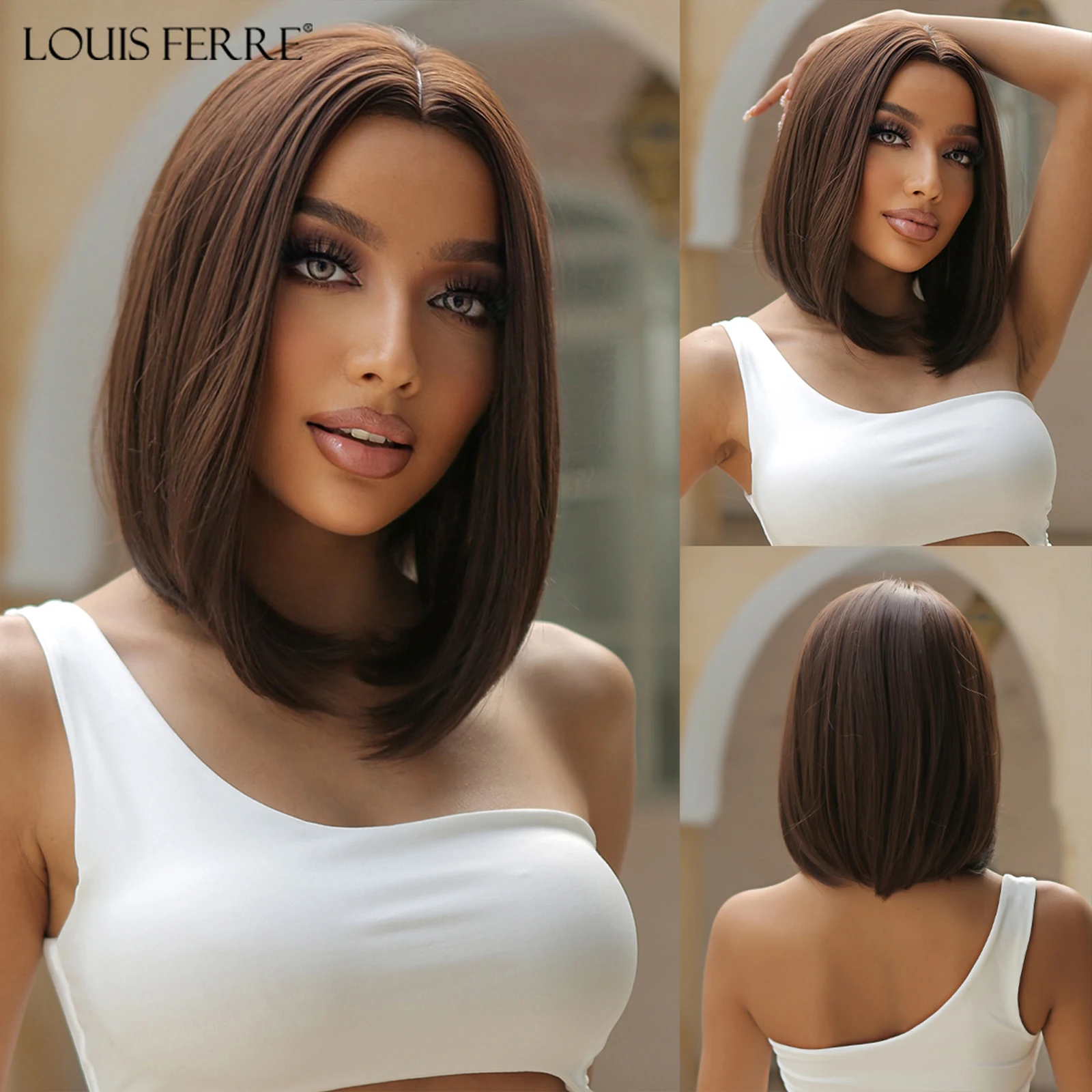 

LOUIS FERRE Short Brown Bob Synthetic Wigs Middle Parted Straight Brown Wigs for Women Daily Cosplay Heat Resistant Fake Hair