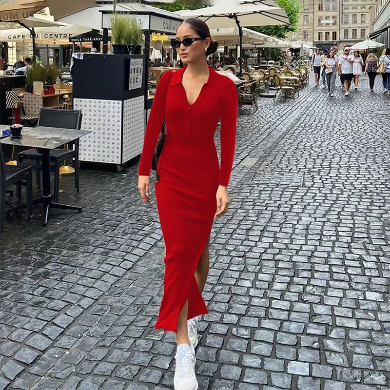 

Новинка, Лидер продаж, осенне-зимнее новое женское сексуальное платье средней длины с открытой вилкой, рифленое облегающее платье на пуговицах, Модное Длинное Платье