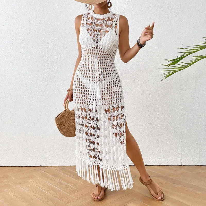 

Hollowed Out Floral Beach Skirt Waisted Strappy Fringe Maxi Skirt
