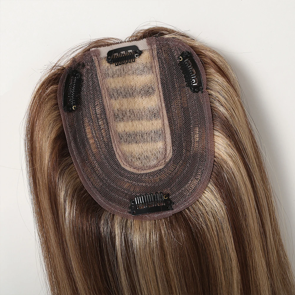 Brown Blonde Remy Human Hair Toppers Silk Base Hairpieces Clips in 12 inches Human Hair Extensions for Women with Thinning human hair toppers