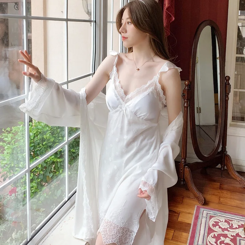 

Women Rayon White Bathrobe Bride Bridesmaid Wedding Robes Gown Lace Sexy Kimono Night Dress Nighties Nightgown Sleepwear