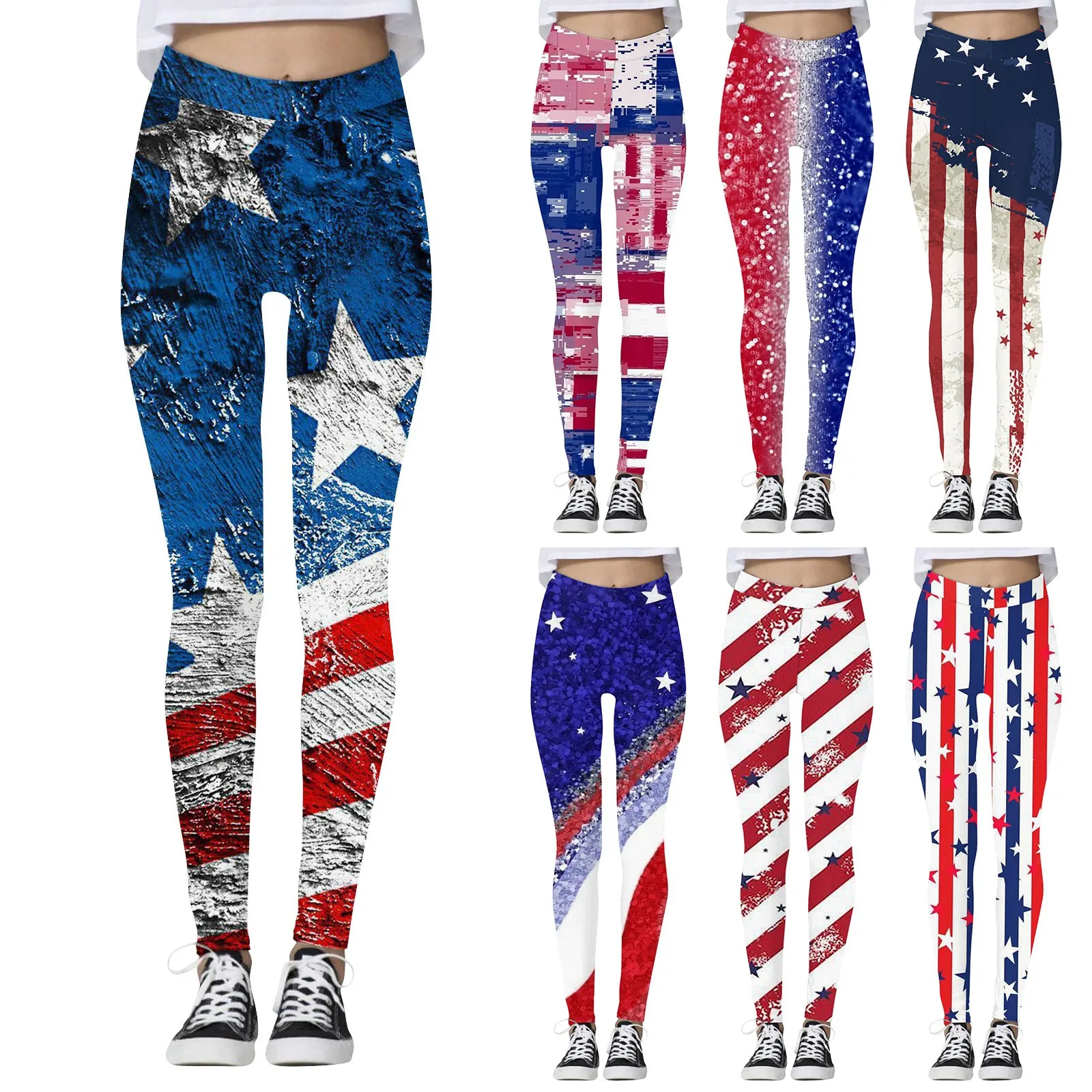 

Women's Casual Fashion Pants Outdoor Independence Day Printed Slim Stretch Yoga Pants Comfort Nine Minute Pants ropa de mujer