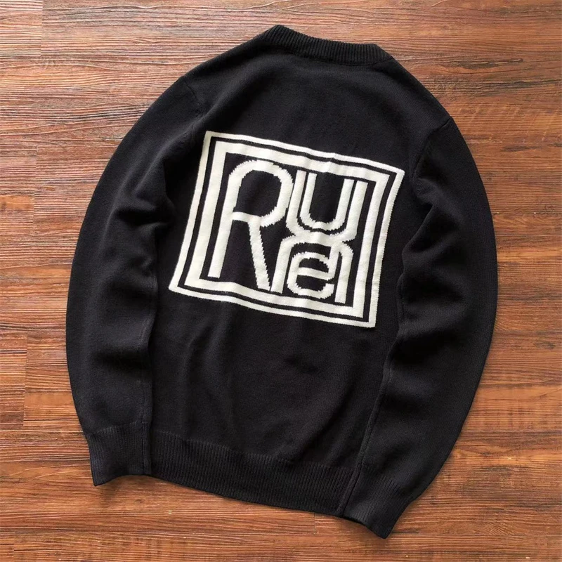 

2023ss Knitted Square Rhude Logo Jacquard Sweater Men Women Casual Black O-Neck Sweatshirts