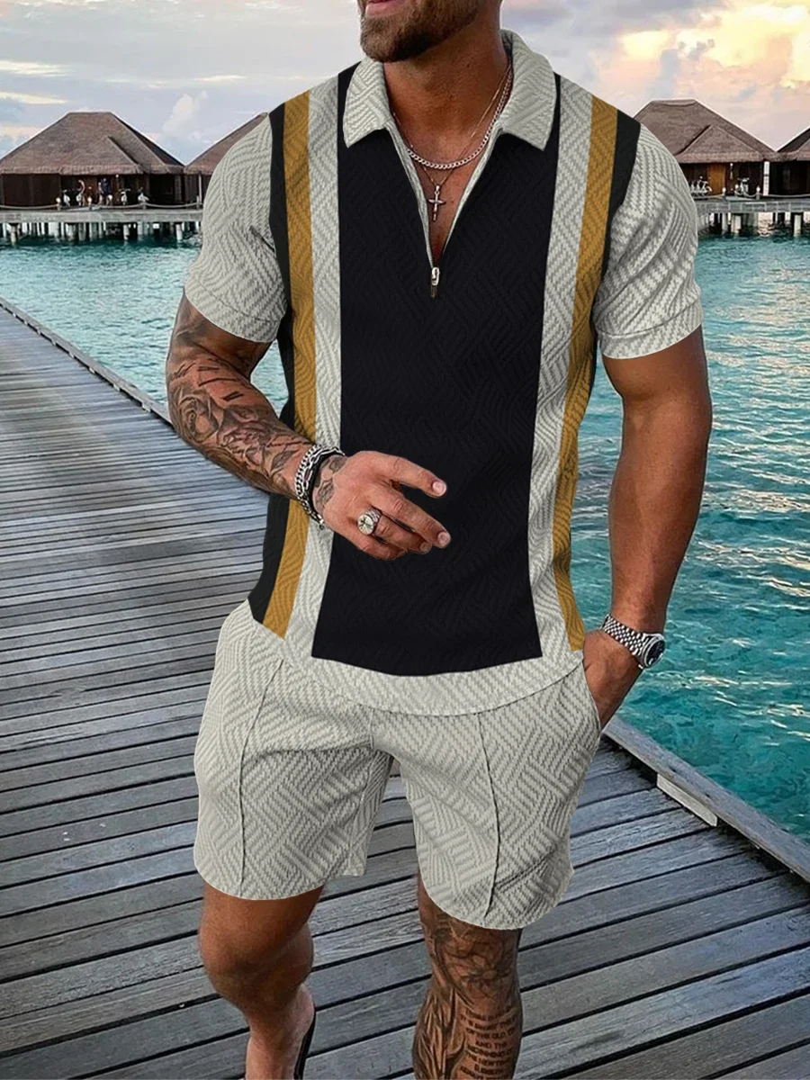 2023 New Men's Shorts Suit Sleeve Zipper Polo Shirt Street T-shirt Two-piece Casual Sportswear Beach Shorts  T Shirt  Suits For