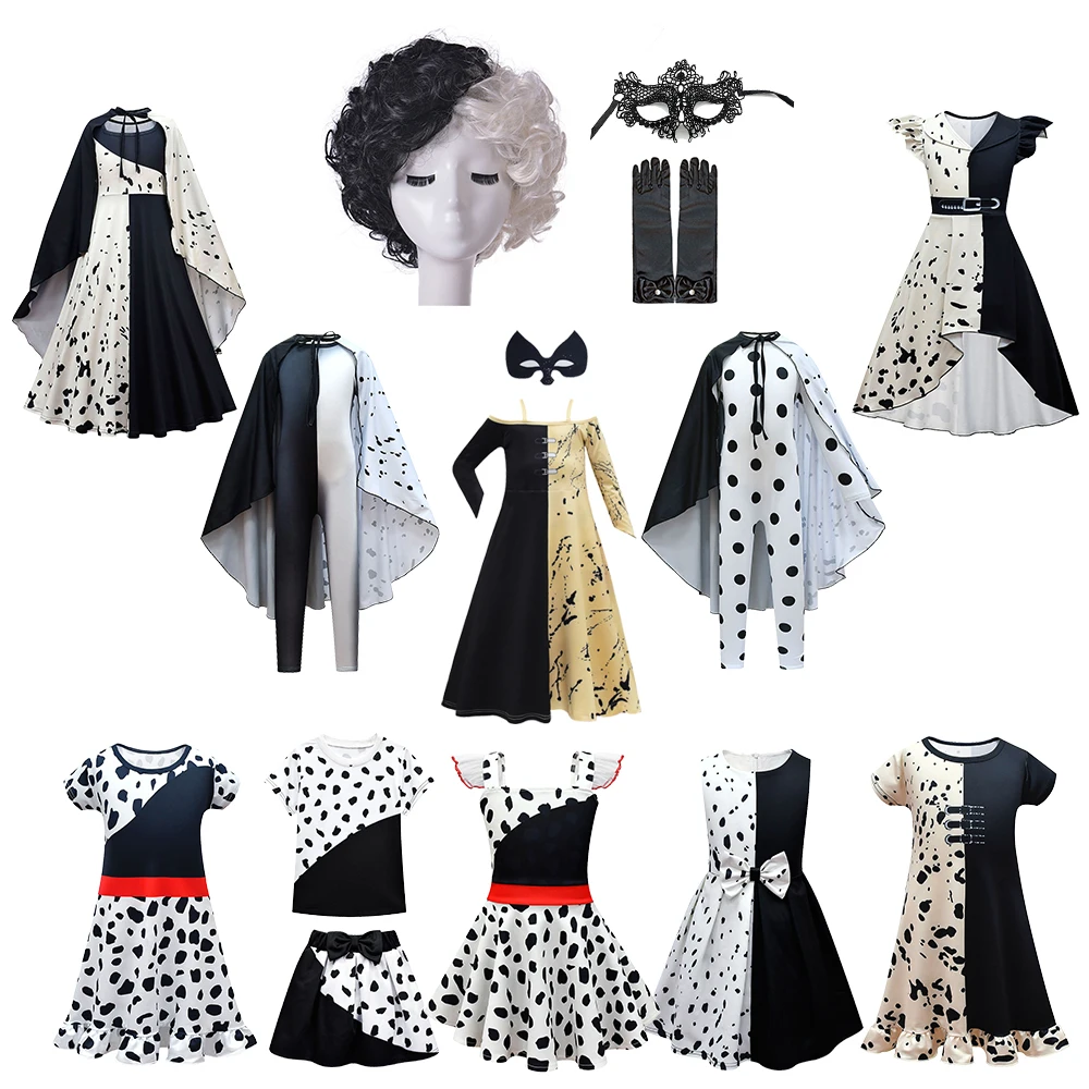 2022 Halloween Child Cruella Costume Masquerade Party Girls Abito Lungo Bianco Nero Con Cape Carnival Kids Cruella Parrucca Maschera Di Pizzo