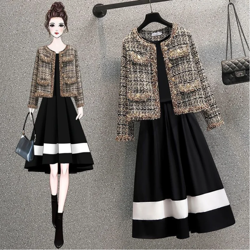 Fashion Women's Set 2023 Autumn/Winter Korean Edition Temperament Woolen Coat Dress Age Reducing Two Piece Set