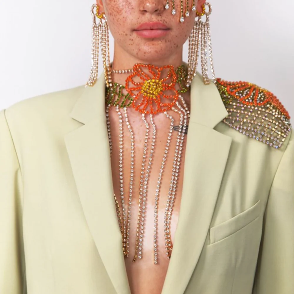 

Luxury Full Rhinestone Chain Tassel Choker Necklace Women Maxi Long Pendants Clavicle Jewelry Boho Ethnic Flower Large Necklace