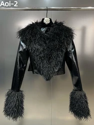 Fashion Sexy Spice Girls Patent Leather Coat Women's Autumn Winter Lapel Simulation Lamb Wool Slim Punk Style Jacket Streetwear