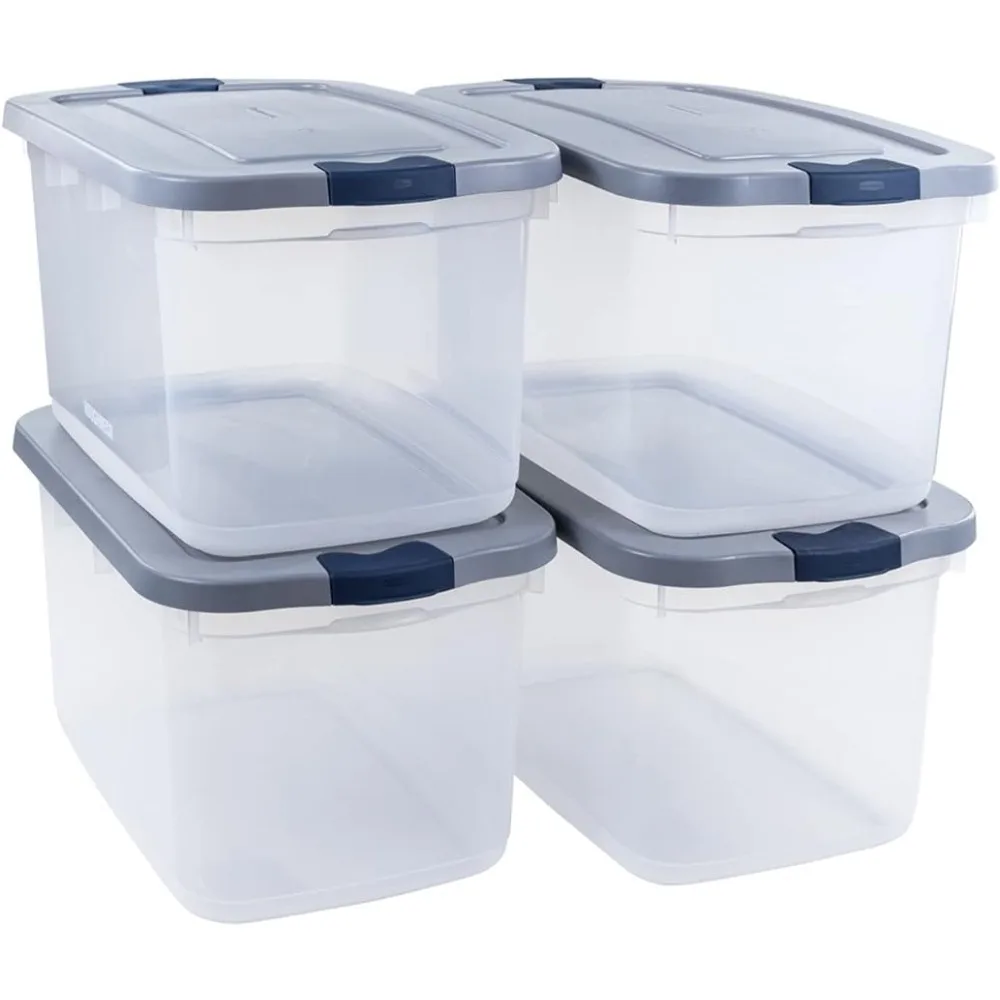 

Great for Storage and Organization Visible Base Plastic Storage Box Large Sturdy and Stackable Pack of 4 With Latching Grey Lids