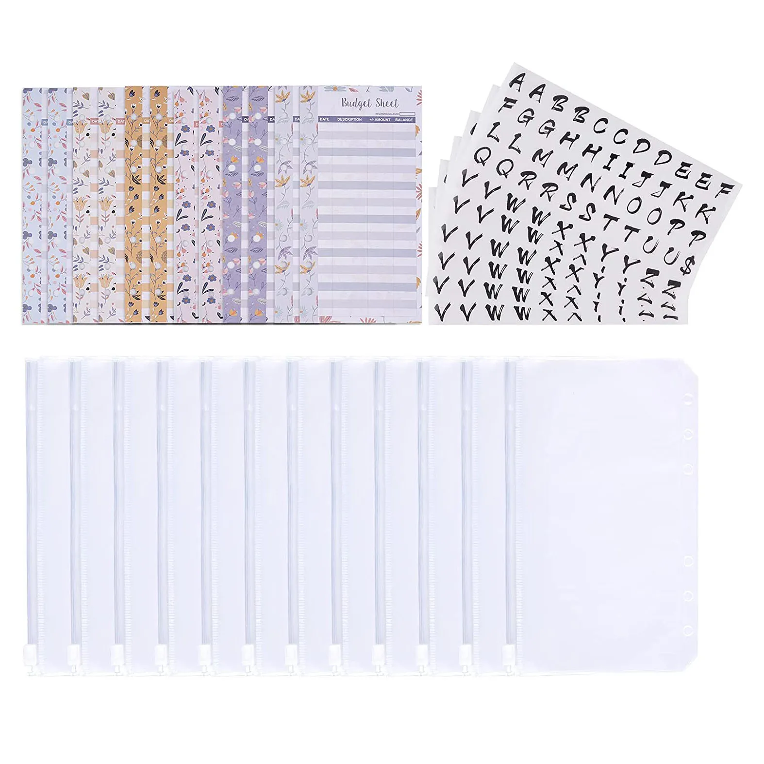 

A6 Binder Pockets with Expense Budget Sheets & 6 Sheets Sticker Labels, Cash Envelopes for 6 Ring Notebook Binder, for Budgeting