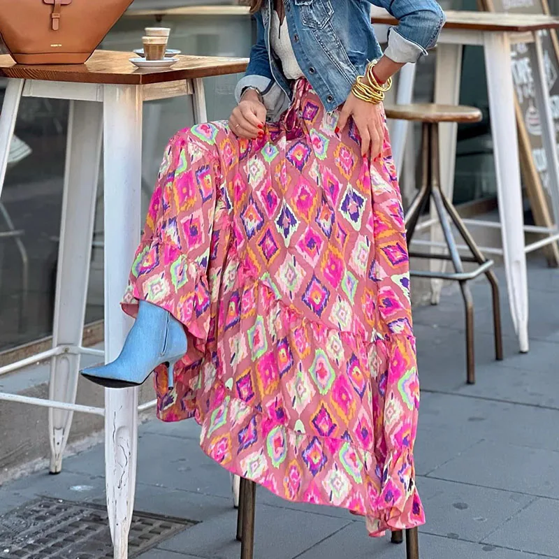 Maxi Gonna Donna A Vita Alta Con Volant A Strati, Floreale Bohémien, Estate, Con Tasche