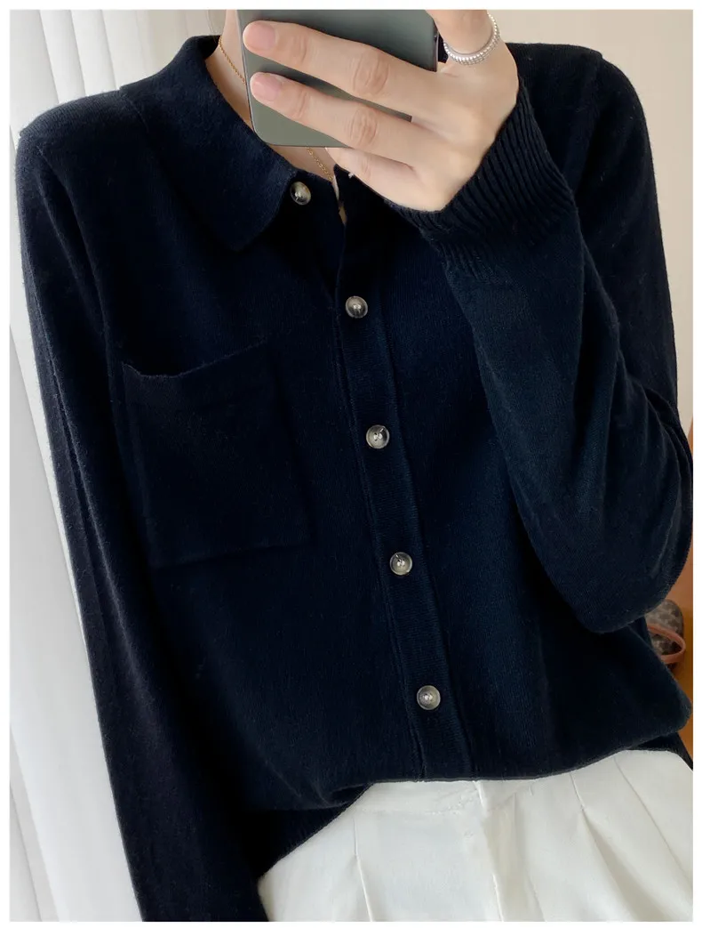 WinvyNee Women's Elegant Spring Knitted Cardigan Wool Polo Neck With Pockets Solid All-Match Casual Soft Tops Coats ZB1047006