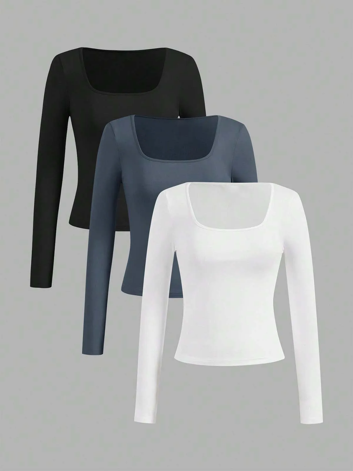 3 個の女性の長袖 U ネック Tシャツトップス無地ソフトストリートスパイシーガールカジュアル秋タイトフィット