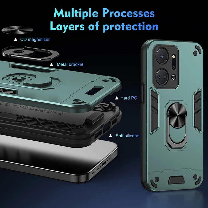 Shockproof Armor Case with Car Magnetic Ring Stand and Hard Back Phone Cover