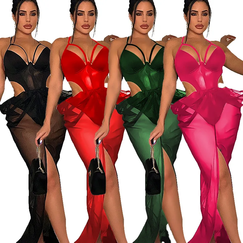 

Sheer Mesh Backless Split Out Long Dresses Streetwar Clothes For Women Vestidos Sexy Women Party Night Dress