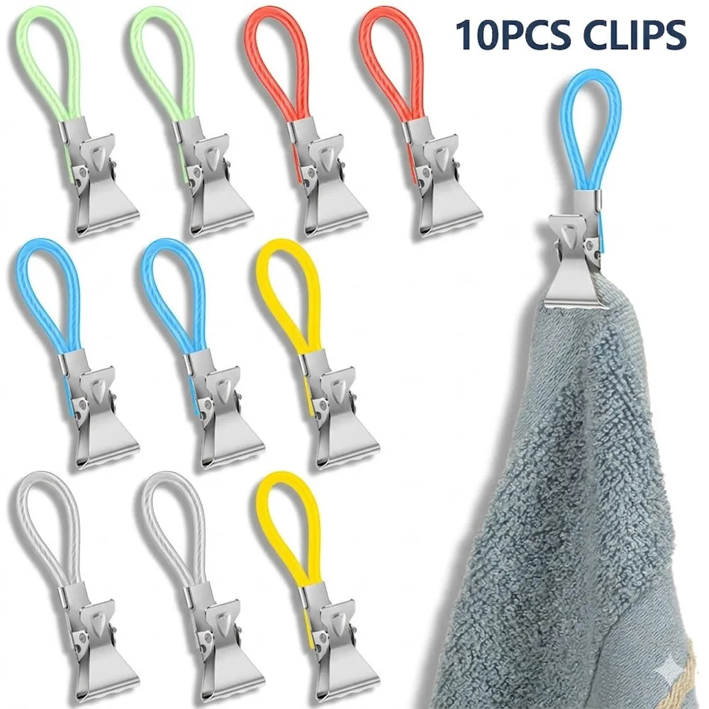 10Pcs 수건 걸이 클립 금속 및 플라스틱 티 타월 보관 클립(걸이 고리 포함)..
