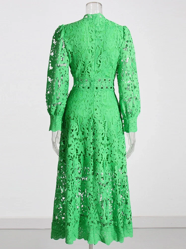 

2023 Female Autumn Clothes New Women Stand Collar Long Sleeve High Waist Cut Out Solid Midi Dresses