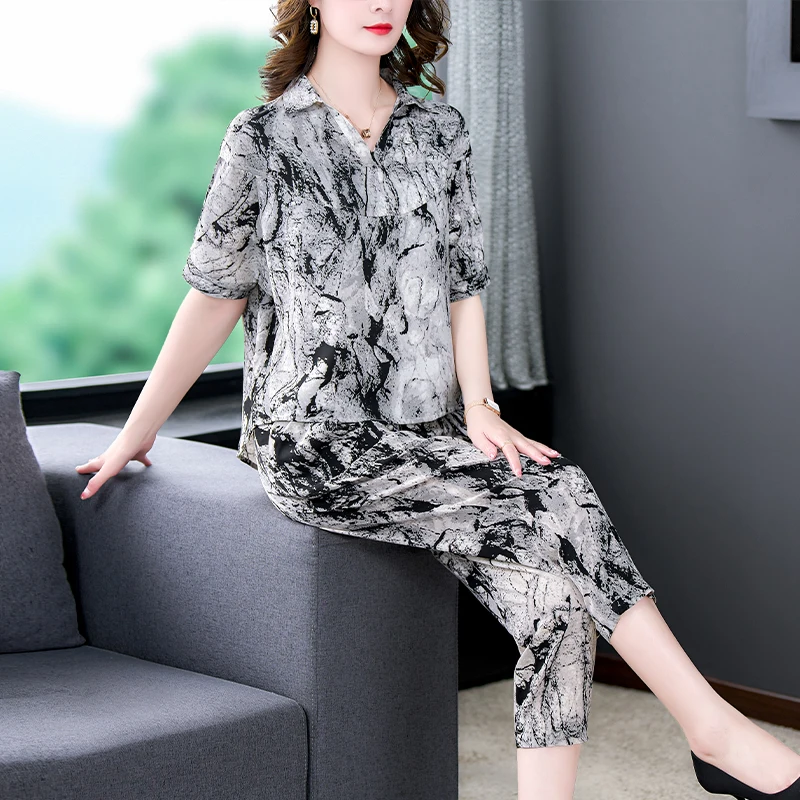 Stripe Black Silk Pants Loose Sets Summer Batwing Sleeve Casual Two Pieces Sets 2024 Women Elegant Vintage Party Ladies Suits