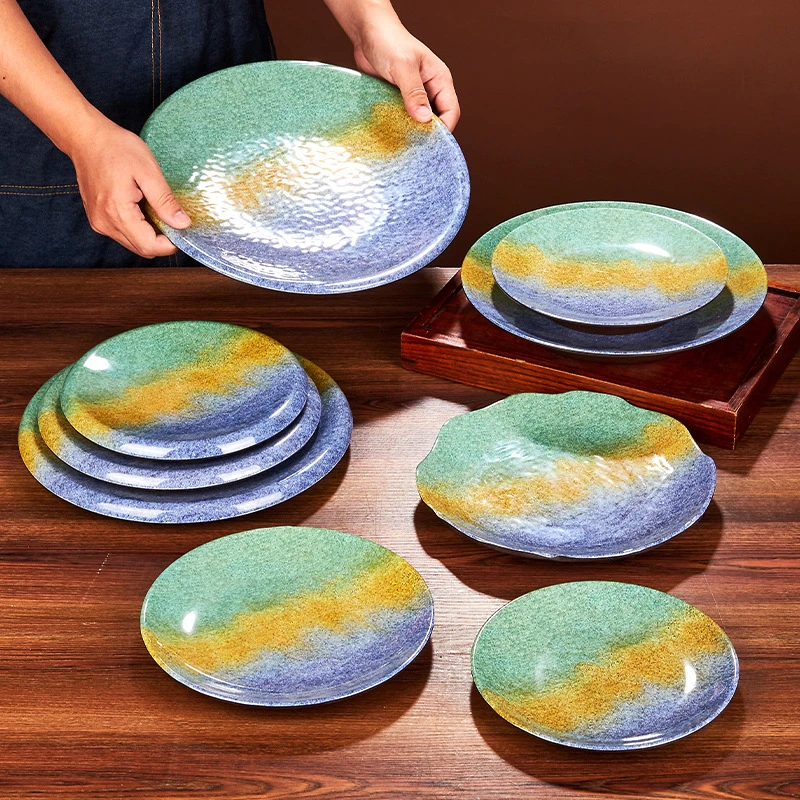Three color Melamine Plate, Forest and ocean Style Sushi Plate, Fish Tray, Steak Tableware, Unbreakable Dinnerware