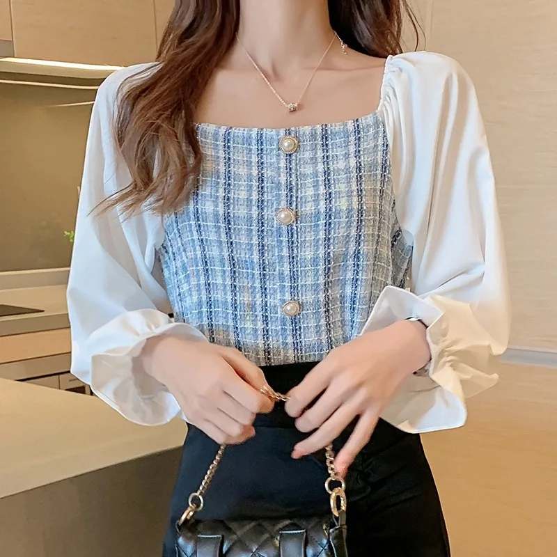 

Korean version of women retro plaid blouse long sleeve stitching