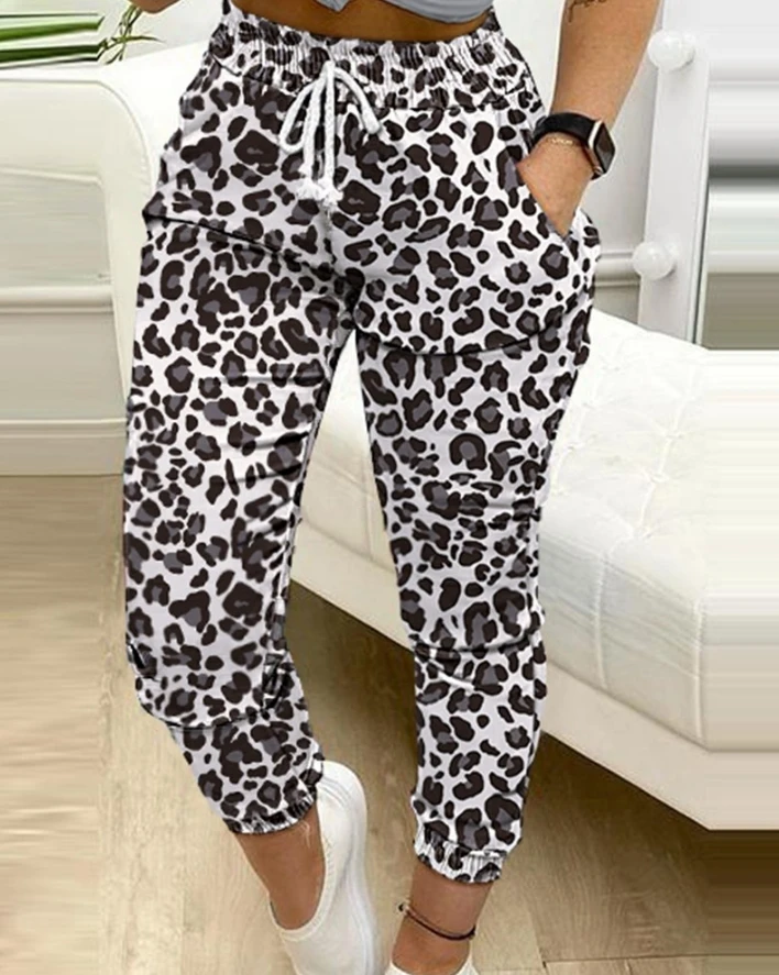 womens two piece sets outfit Heart Pattern Leopard Print Puff Sleeve Top & Drawstring Pants Set new fashion 2024 summer casual