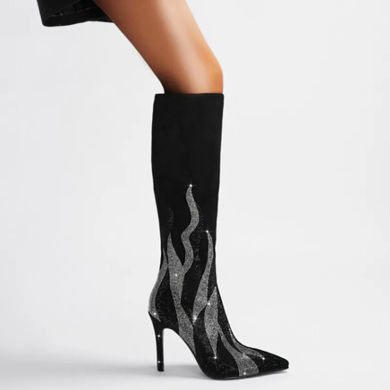

2023 New Women's Flame Rhinestone Knee Length Women's Boot Fashion Slender High Heel Pointed Side Zipper 44 Large Boots
