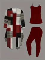 Plus-size women's 3-piece set: color-blocked printed cardigan jacket paired with trousers and vest for a casual everyday look.