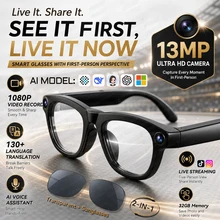 새로운 LIVE 글래스 AI 스마트글래스: 13MP 카메라, 블루투스, 1080P 비디오 녹화, ChatGPT 번역, 오디오, 음악 기능이 있는 선글라스
