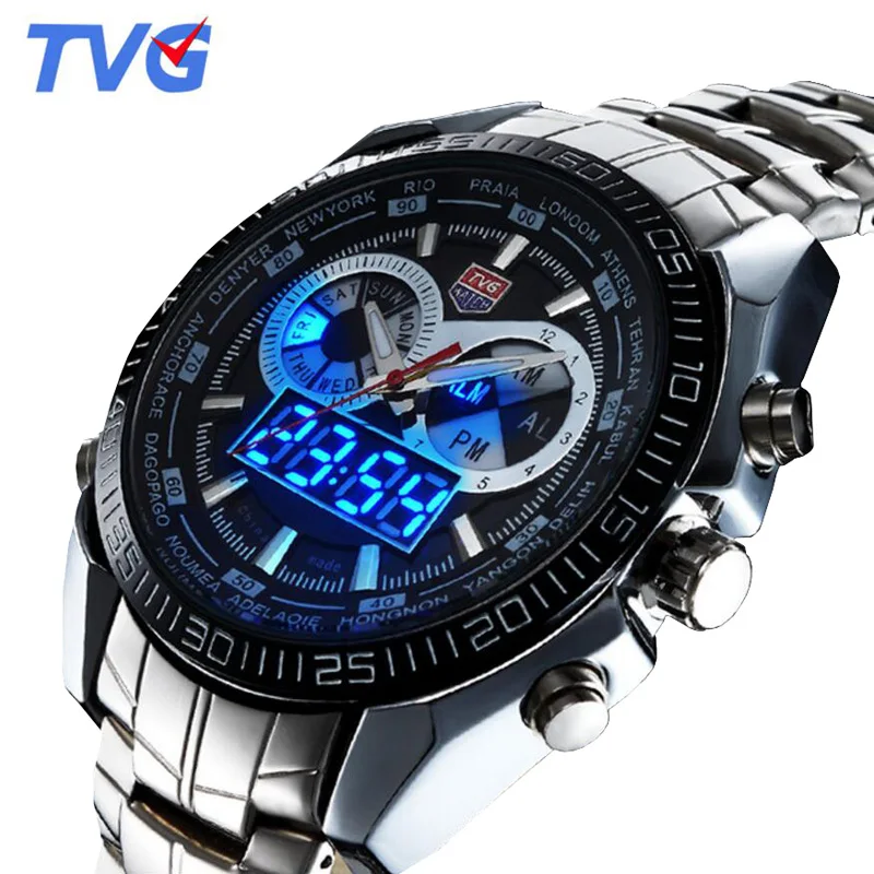 TVG Top Brand Watch Men Sports Wristwatches Stainless Steel Band Led Digital Analog Quartz Watches Men reloj hombre montre homme