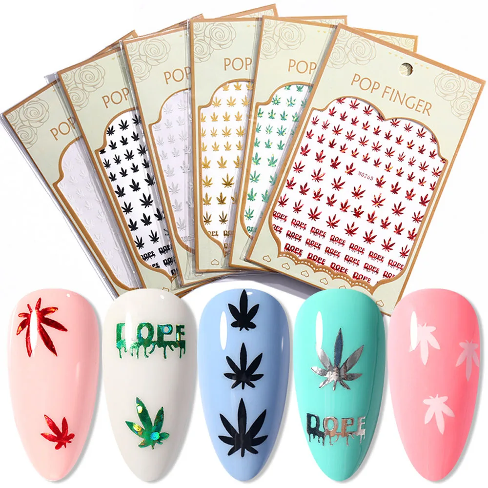Holographic Girls Mixed DIY Nail Tips Acrylic Manicure Decoration Self Adhesive Nail Stickers Weed Leaf Designs 6