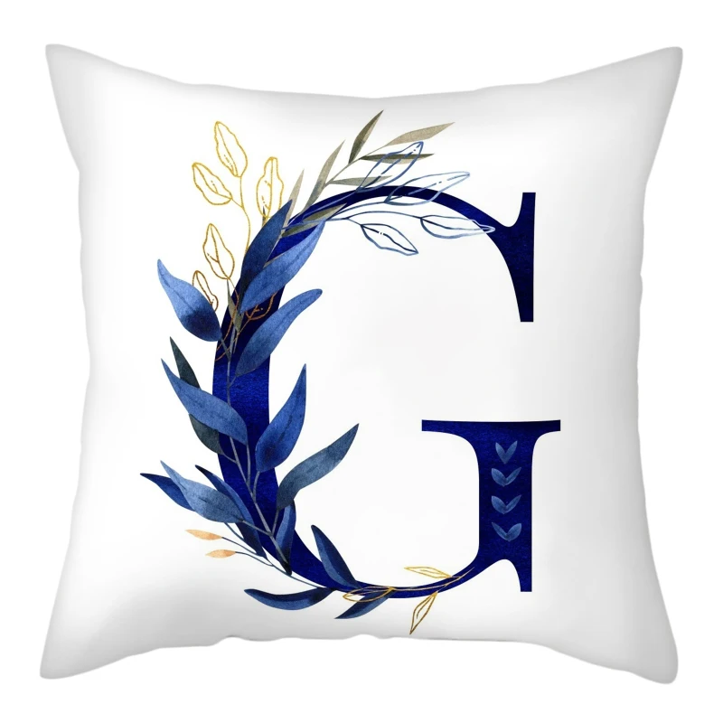 Simple Blue Leaf Alphabet Print Cushion Case 26 Letters Decoration Pillows Case Sofa Chair Livingroom Polyester Throw Pillowcase 