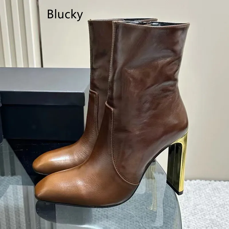 

Womens Autumn and Winter Fashion Genuine Leather Solid Color Slim Fit Short Boots Womens Strange High Heel Fashion Boots