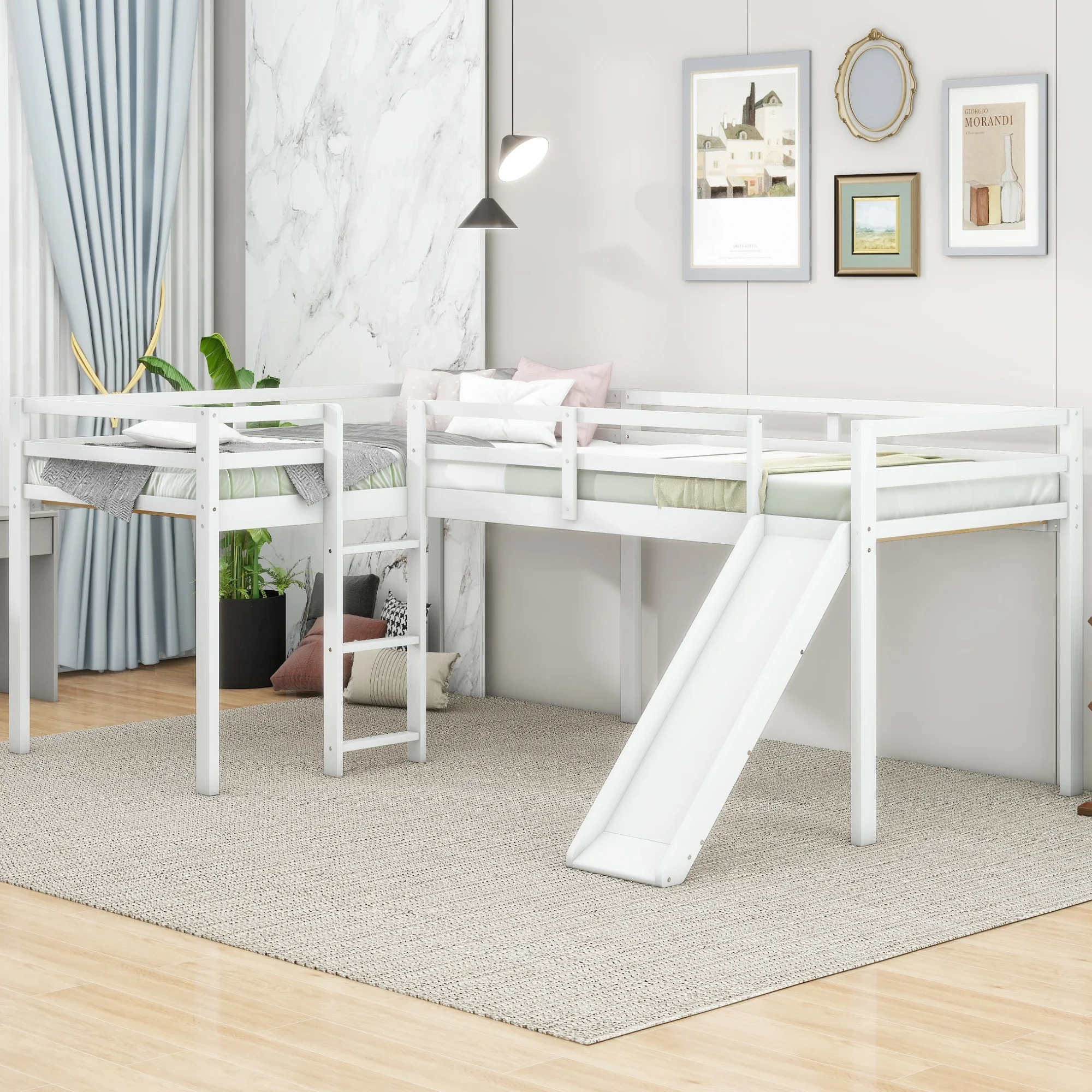 

L-Shaped Twin Size Loft Bed with Ladder and Slide, White