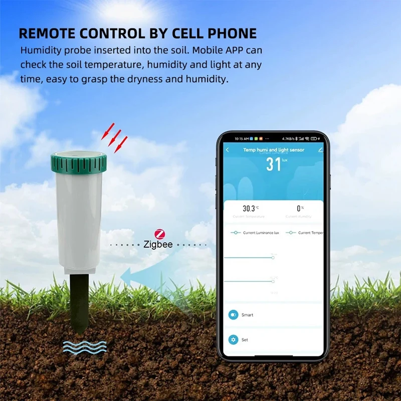

Zigbee Smart 4 In 1 Soil Tester Sunlight/Temp/Moisture Meter Earth Humidity Sensor Remote Control Monitor For Gardening Durable