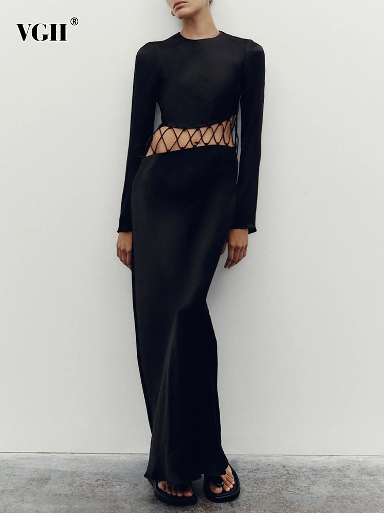 

VGH Solid Hollow Out Sexy Dresses For Women Round Neck Long Sleeve High Waist Spliced Lace Up Elegant Dress Female Fashion New