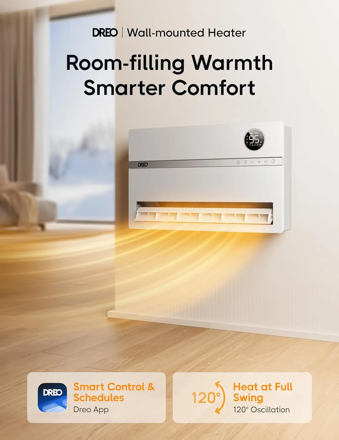 Wall-Mounted Heater, Smart Space Heater for Bedroom with Dreo FortPlug Overheat Protection, 120&deg; Vertical Oscillation, Thermosta