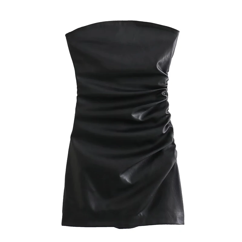 

Fashion Women Vintage Ruching Faux Leather Sexy Strapless Dress Mini Vestidos