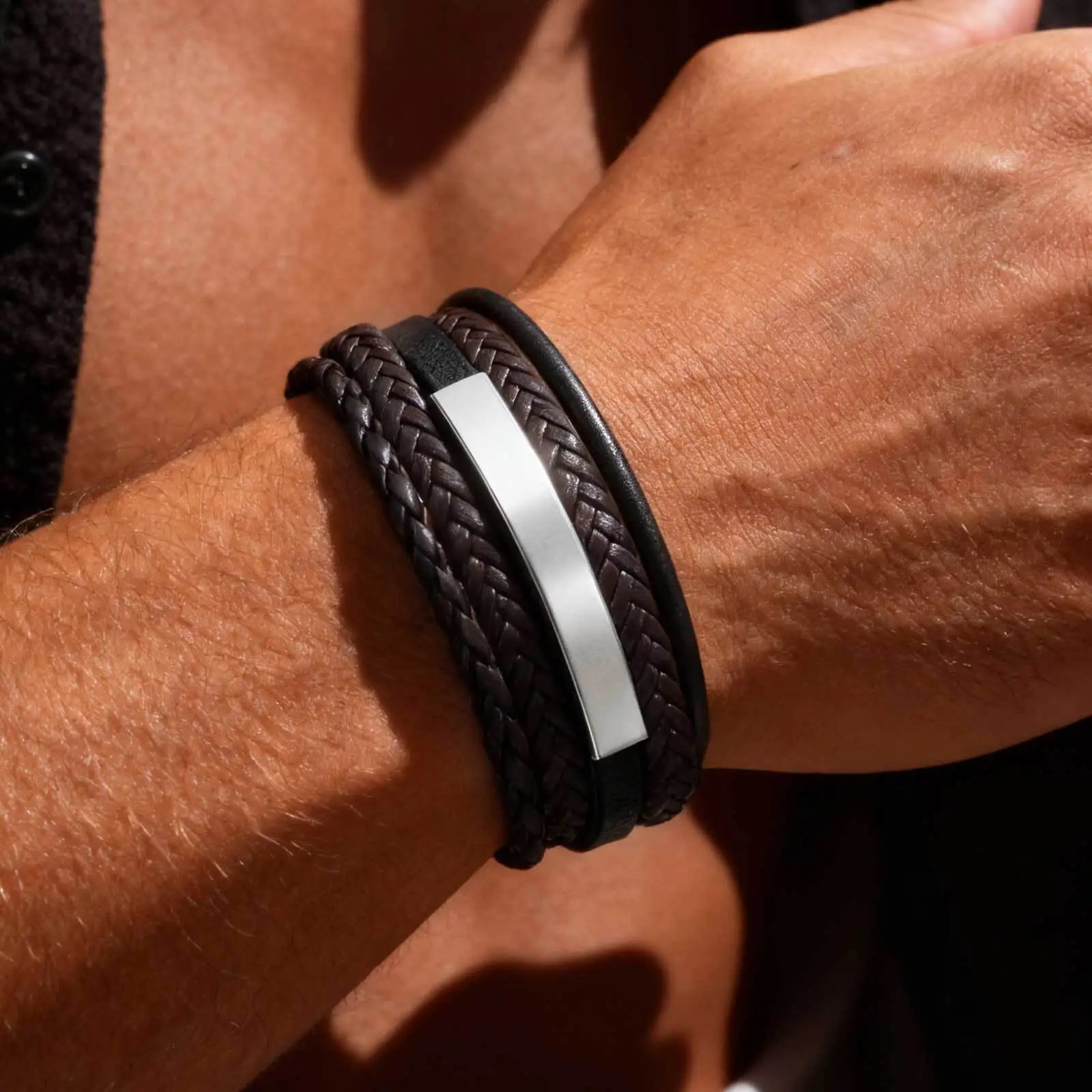 Free Custom Men's Chunky Leather Bracelet,Stainless Steel Long Bar Charm Wristband,Personalized Jewelry Gift