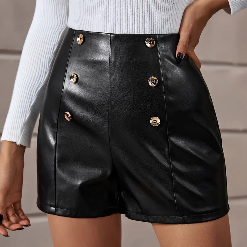 

INS New Women's High Waist PU Leather Shorts Temperament Commuting Button Design Women Fashion Sexy Elegant Short Pants