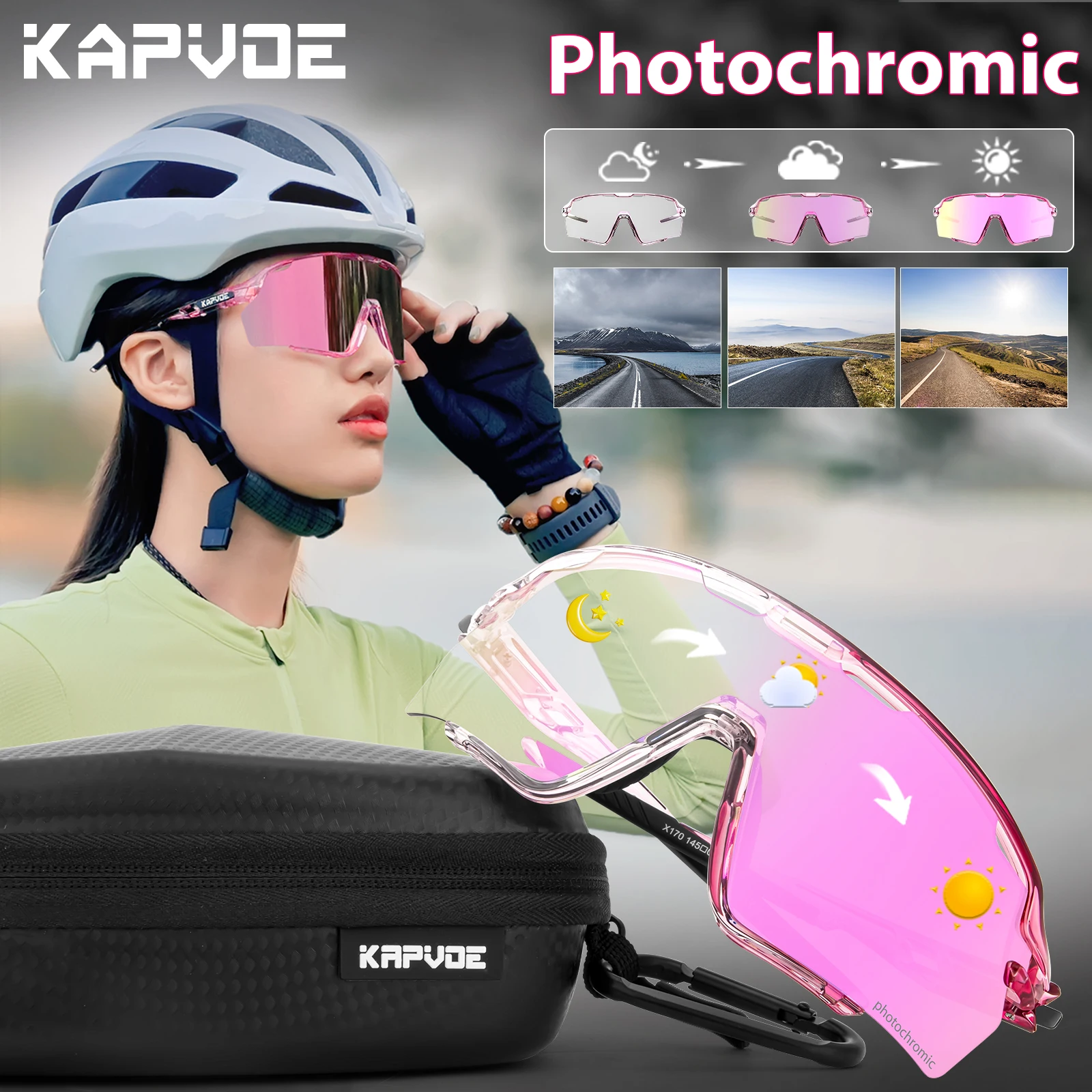 Kapvoe 남녀공용 세계 최초 광변색 프레임 안경, 자전거 사이클링 선글라스, 야외 스포츠 MTB 자전거 UV400 고글