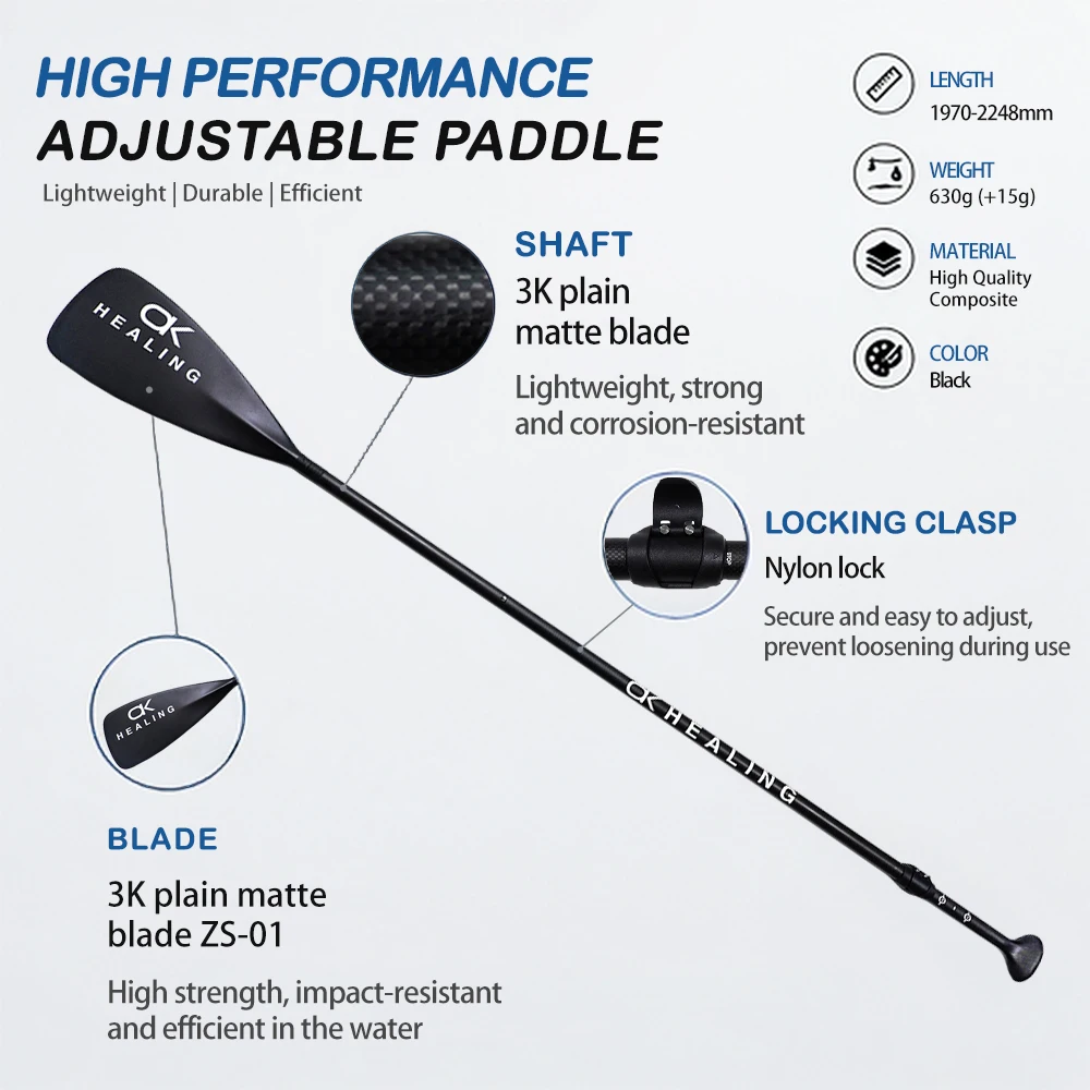 Pagaia per Kayak in 3 Sezioni Staccabili, in Fibra di Carbonio 3K, Ultra Leggera, Regolabile, Telescopica, Portatile, per Canoa, Surf e Canottaggio - immagine 2