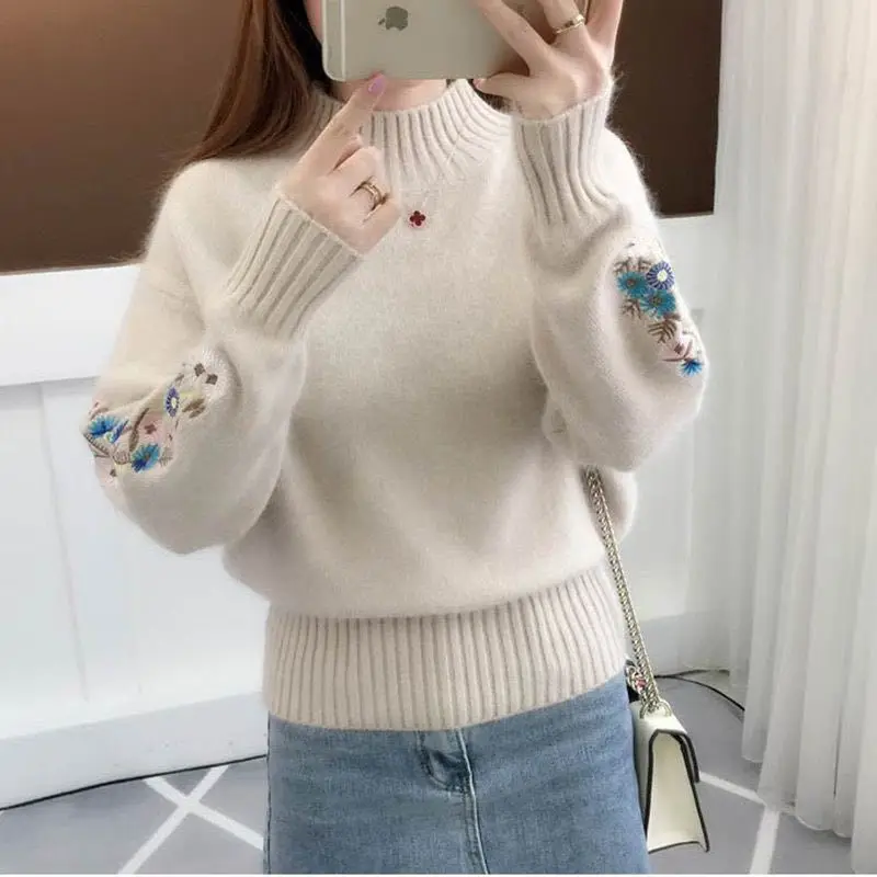 

Autumn Winter New Fashion Women's Solid Color Half High Collar Embroidery Versatile Pullovers Sweaters Casual Long Sleeve Tops