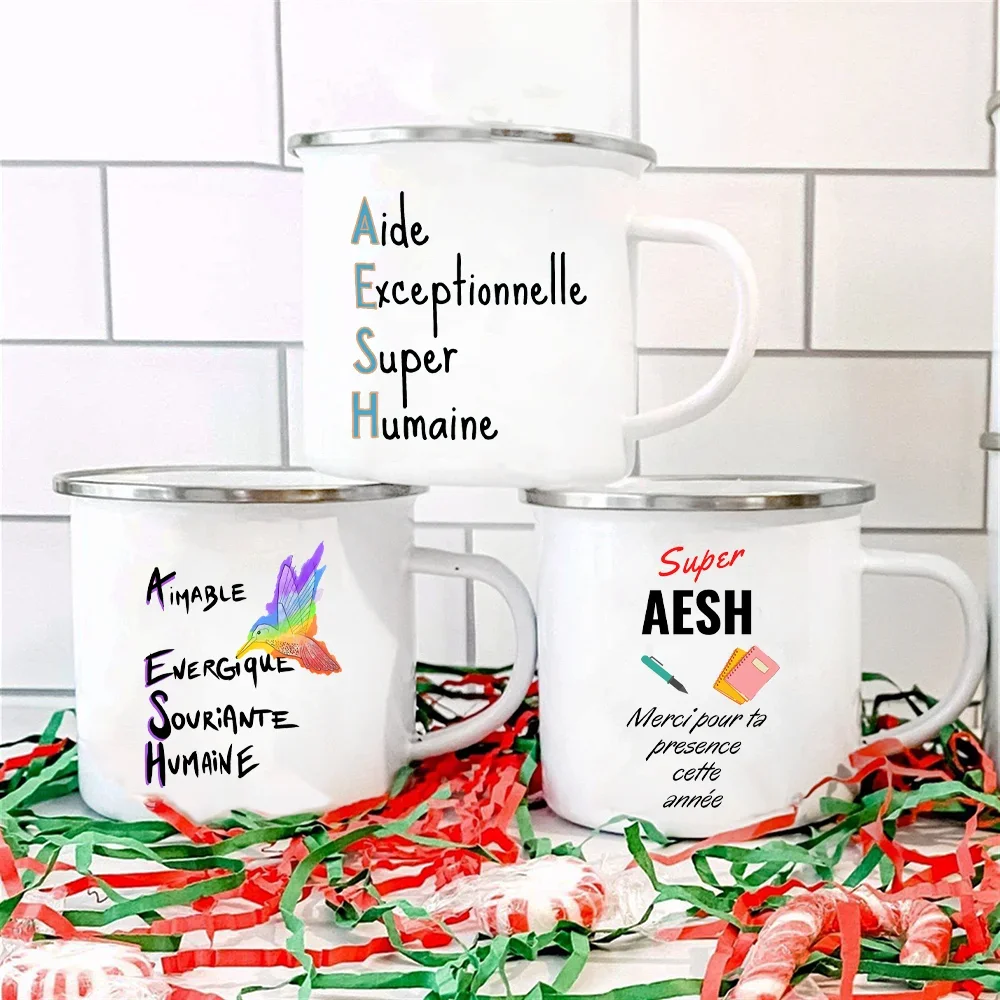 

Super AESH Thank You for This Year French Print Mugs Creative Coffee Cups Drinks Water Enamel Cup School Handle Drinkware Gifts