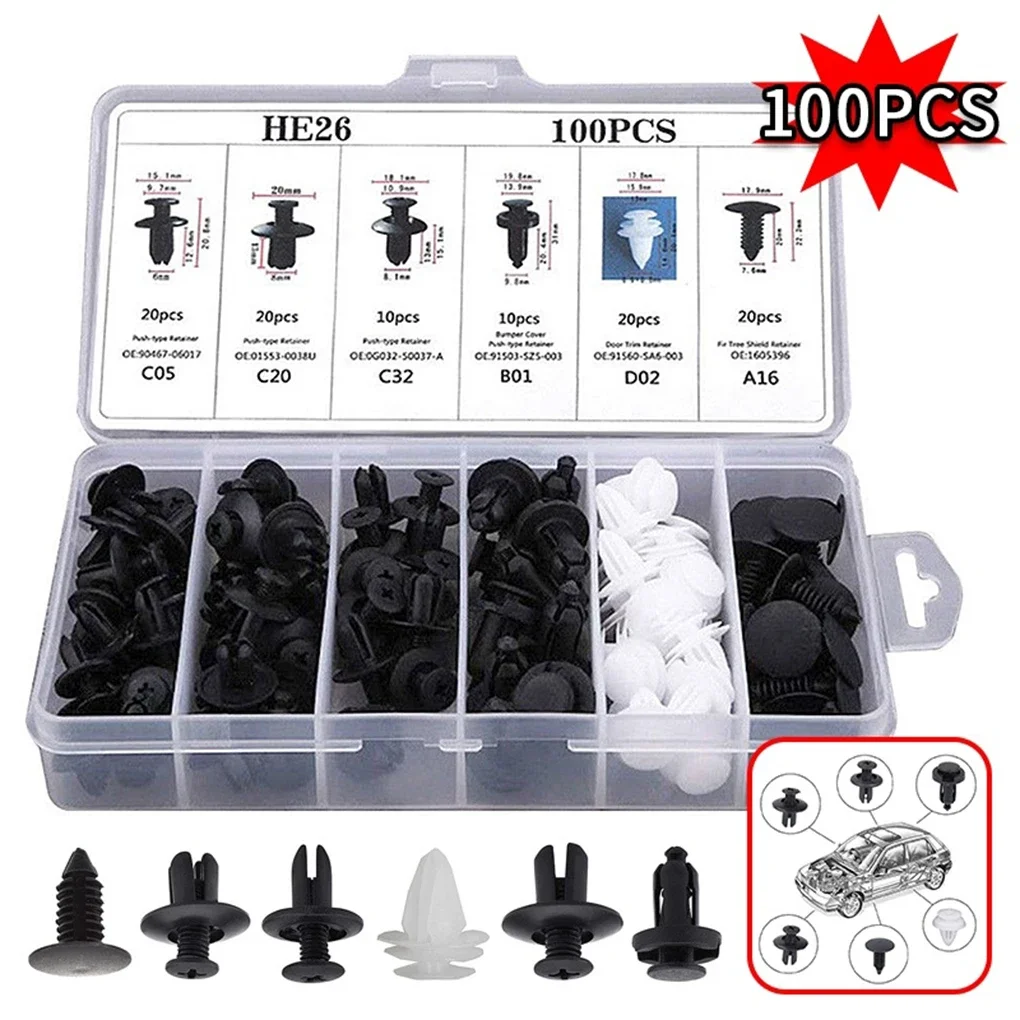 

100pcs Auto Fastener Clip Car Fender Push Retainer Pin Rivet Bumper DIY ABS Push Screw for Door Trim Panel Retainer Box Package