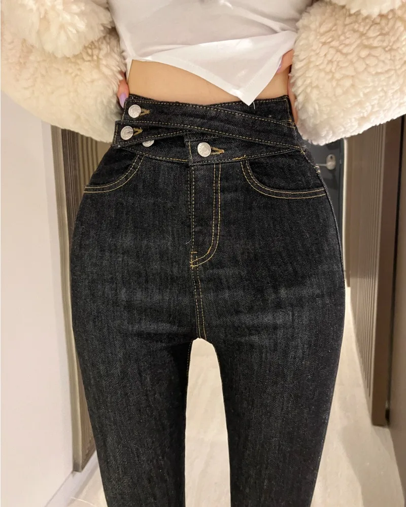 High Waist Jeans Women's Autumn Clothing New Slim Fit Slimming Black Multi-Button Tight Pencil Pants Black Leggings Korean Jeans