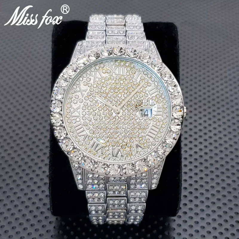 MISSFOX Luxury Diamond Watches For Men Fashion Silver Stainess Steel Quartz Wristwatch Hip Hop Rapper Style Waterproof Clock Hot missfox watch men luxury brand top selling trending rose gold men s watch quartz chronograph diamond steel clock gift box